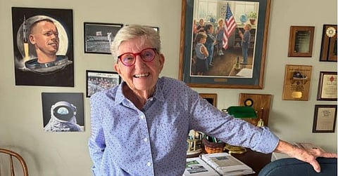 Karen Mikesell, owner of the home that Neil Armstrong once lived in, poses for a photo in the former bedroom of Armstrong Friday, July 31, 2026, in Wapakoneta, Ohio.