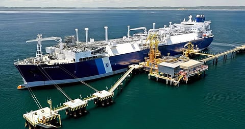An LNG carrier is moored alongside the Excelerate Energy-operated FSRU at Maheshkhali. 