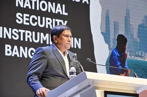 Prime Minister's Defence Adviser Brig Gen (retd) Dr AKM Shamsul Islam delivers a keynote address on migration governance as a national security instrument at the BUP in Mirpur Cantonment on Thursday.