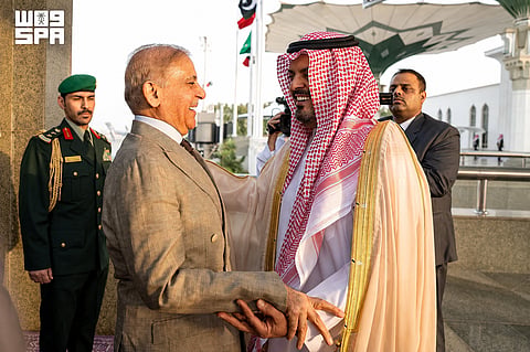 Pakistan's Prime Minister Shehbaz Sharif is received by Deputy Governor of Mecca region, Prince Saud bin Mishaal bin Abdulaziz upon his arrival in Jeddah, Saudi Arabia, August 6, 2026.