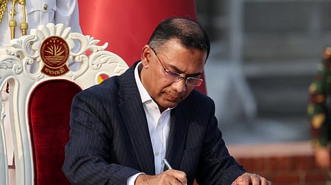 Tarique Rahman signs in as the new Prime Minister of Bangladesh during the oath taking ceremony. (File Photo)