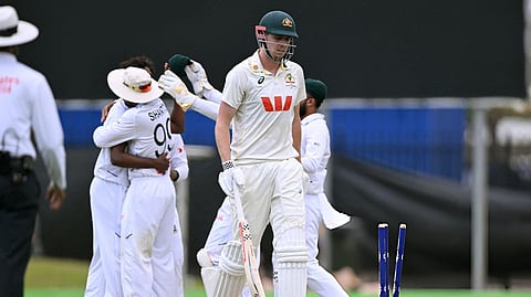 Cameron Green is bowled by Bangladesh's Hasan Mahmud during the first Test in Darwin.