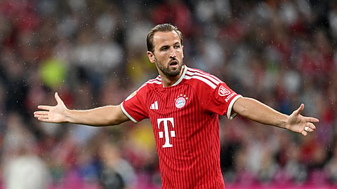 Harry Kane reacts during Bayern Munich’s Bundesliga clash with VfB Stuttgart.