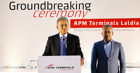 Finance and Planning Minister Amir Khasru Mahmud Chowdhury addresses ceremony for APM Terminals Laldia on August 30, 2026
