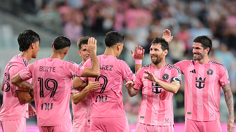 Inter Miami CF forward Lionel Messi (10) celebrates with teammates after scoring a free kick against CF Montreal during the second half at NU Stadium.