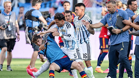 Argentina’s Leandro Paredes clashes with Spain’s Gavi after the FIFA World Cup final.