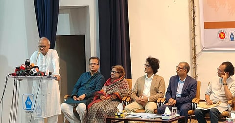 BNP Acting Secretary General Ruhul Kabir Rizvi speaking at a discussion organised by the Press Institute Bangladesh (PIB) and Journalist Abdus Salam Smriti Sangsad at the PIB auditorium on August 30, 2026.