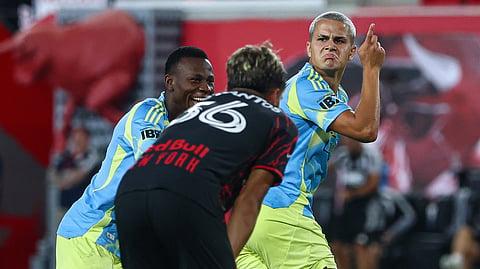 Philadelphia Union midfielder Cavan Sullivan (R), of Bangladeshi descent, celebrates after scoring against the New York Red Bulls.