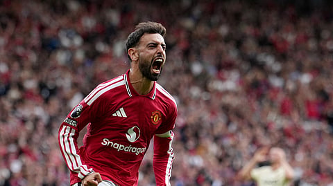 Manchester United’s Bruno Fernandes celebrates after scoring against Ipswich Town at Old Trafford.
