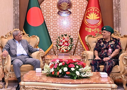 BGB Director General Major General Mohammad Ashrafuzzaman Siddiqui pays a courtesy call on President Mirza Fakhrul at Bangabhaban on Aug 31, 2026.