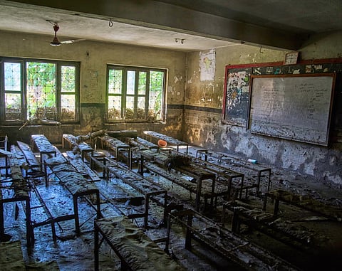 A mud-covered classroom at the Shree Bageshwori Madhyamik school, damaged in flash flooding in the Dhading district of Nepal