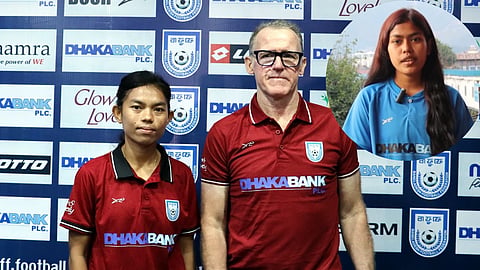 Bangladesh women's team head coach Peter Butler, captain Monika Chakma. [Inset] Defender Arpita Biswas.