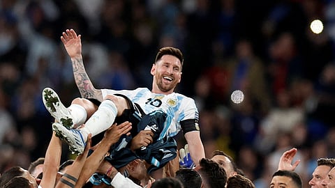 Argentina's Lionel Messi is lifted into the air by his teammates as they celebrate their Finalissima triumph.