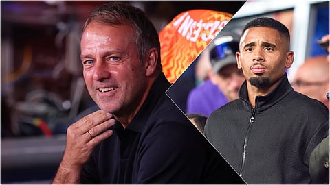 FC Barcelona head coach Hansi Flick (L) and Gabriel Jesus.