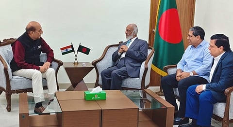 Indian envoy Dinesh Trivedi meets Minister Abdul Moyeen Khan at his Secretariat office on September 1, 2026