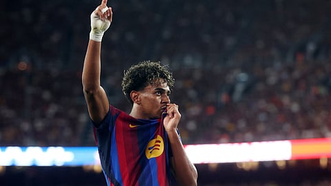 Lamine Yamal celebrates after scoring Barcelona’s second goal against Rayo Vallecano.