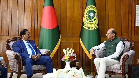 Indian High Commissioner to Bangladesh Dinesh Trivedi met with Speaker of the Bangladesh Jatiya Sangsad Hafiz Uddin Ahmad, Bir Bikrom at his office on September 2, 2026.