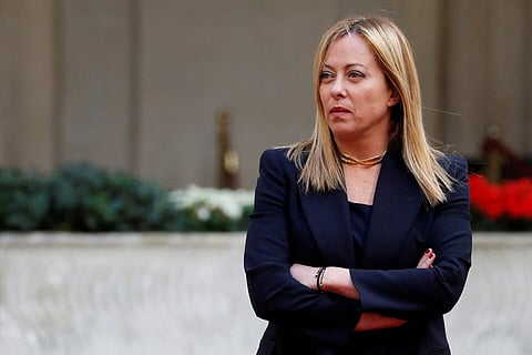 Italian Prime Minister Giorgia Meloni waits to welcome Japanese Prime Minister Fumio Kishida at Chigi Palace, in Rome, Italy, January 10, 2023.