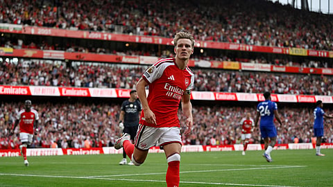 Arsenal's Martin Odegaard celebrates scoring their second goal.