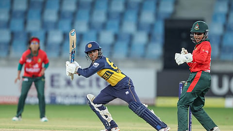 Sri Lanka's Harshitha Samarawickrama plays a shot against Bangladesh during both sides' Women's Asia Cup 2026 Group B match at the Dubai International Cricket Stadium in the UAE on Sunday. 