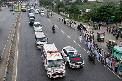 A convoy carrying leaders and activists of the Jamaat-led 11-party alliance during thier "Long March" programme on September 5, 2026. Toll collections at the Meghna and Meghna-Gumti bridges put the convoy at roughly six hundred vehicles.