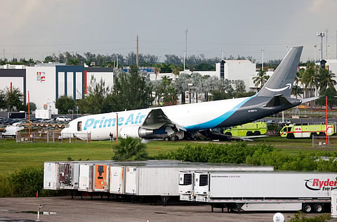 A view of an Amazon Prime Air cargo plane that airport officials said overran a runway at Miami International Airport, in Miami, Florida, U.S., September 6, 2026. 