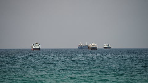 Vessels at the Strait of Hormuz, as seen from Musandam, Oman, September 6, 2026.