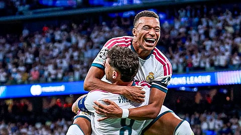 Real Madrid's Kylian Mbappe and Federico Valverde celebrate a goal during their match against Inter Milan at the UEFA Champions League at the San Siro in Milan on Tuesday.