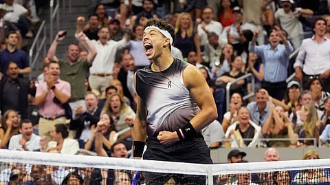 Ben Shelton reacts during his U.S. Open quarter-final against Carlos Alcaraz in New York.