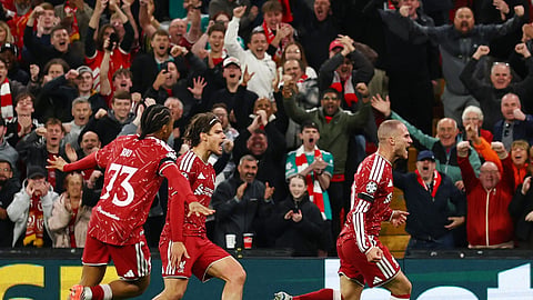 Liverpool's Alexis Mac Allister celebrates scoring their second goal against Atletico Madrid.