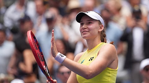 Elena Rybakina celebrates her quarter-final victory over Qinwen Zheng.
