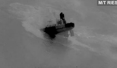 An Iranian crude oil carrier identified as M/T Riesco sinks after being struck, which US Central Command says it targeted after attempted Iranian missile attacks on a US Navy warship over the past two days, at a location given as the Gulf of Oman, in this still image taken from video released September 8, 2026. 