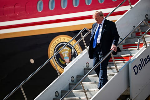  US President Donald Trump disembarks Air Force One as he arrives at Dallas Fort Worth International Airport to attend the Republican National Midterm Convention, in Dallas, Texas, US, September 9, 2026.