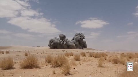 Smoke rises following a strike during fighting between Houthis and Saudi-backed forces at a location given as Al Jawf, Yemen, in this still image taken from a handout video released September 9, 2026.