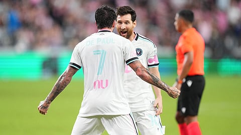 Inter Miami's Lionel Messi celebrates a goal in the second half against the Nashville SC with midfielder Rodrigo de Paul.