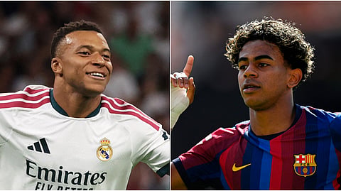 Real Madrid's Kylian Mbappe (L), Barcelona's Lamine Yamal.