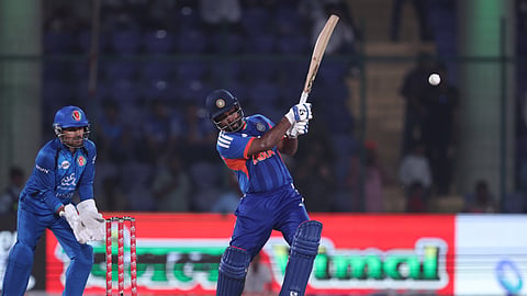 India's Sanju Samson plays a shot during their second T20I against Afghanistan in Delhi, India on Tuesday.