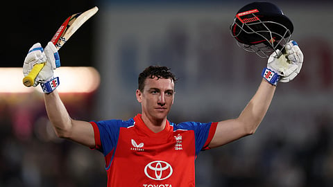 England's Harry Brook celebrates after the end of the innings.
