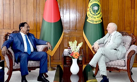 German Ambassador to Bangladesh Dr Rüdiger Lotz meets JS Speaker Hafiz Uddin Ahmad, Bir Bikrom at his office on Wednesday.