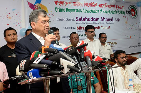 Home Minister Salahuddin Ahmed speaks at the Crime Reporters' Association of Bangladesh (CRAB) at its office in Segunbagicha on Wednesday.