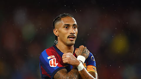 FC Barcelona's Raphinha celebrates scoring their fourth goal.