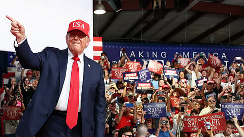 US President Donald Trump attends a campaign rally in support of Republican US Senate candidate Michael Whatley, at Gastonia Municipal Airport in Gastonia, North Carolina, US, September 16, 2026.