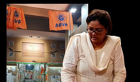 Mohammadi Tarannum. In the background are ABVP flags at Surendranath College.