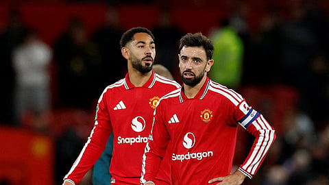Manchester United's Bruno Fernandes looks dejected after the match.