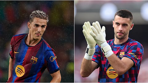 Barcelona's Gavi and Joan Garcia.