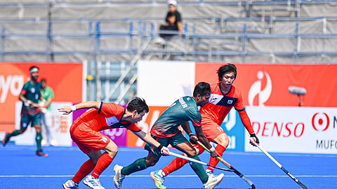 An action image during Bangladesh's match against South Korea in the men's hockey event of the Asian Games 2026 in Japan on Friday.