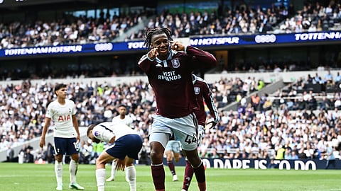 Aston Villa's Johan Manzambi celebrates scoring their first goal against Tottenham Hotspur.