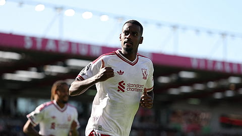 Liverpool's Alexander Isak celebrates scoring the winning goal.
