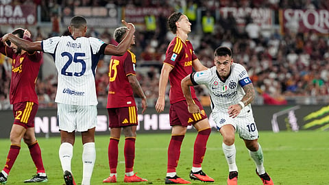 Inter Milan's Lautaro Martinez celebrates scoring their second goal.