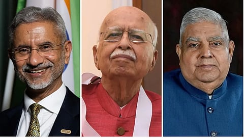 From left) Minister of External Affairs S Jaishankar, former Deputy Prime Minister L K Advani, and former Vice President of India Jagdeep Dhankhar. (Credit: Wikimedia Commons, File)